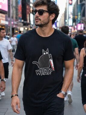 Black Cat What? Bloody Knife Graphic Funny Horror Goth Emo Kitty T-Shirt Sz L
